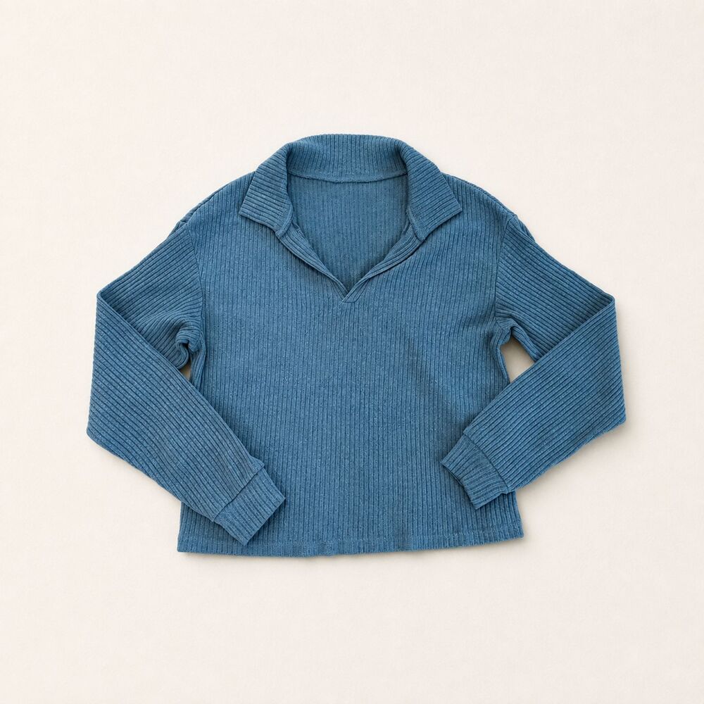 SHEIN Blue Ribbed Knit Collared Pullover Sweater Long Sleeve Casual Cozy Top - Picture 1 of 6